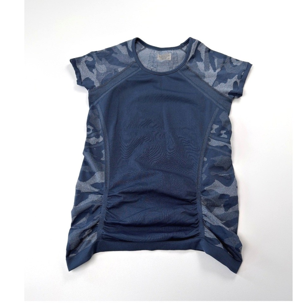 Athleta Momentum Camo Top Womens M Blue Ruched Seamless Short Sleeve